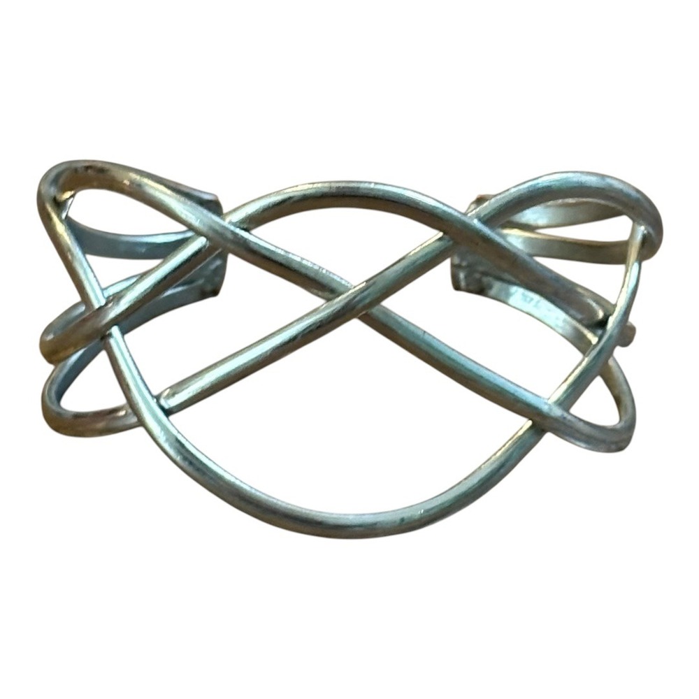 Open Cuff Woven Silver Tone Metal Bangle Bracelet Abstract Design‎